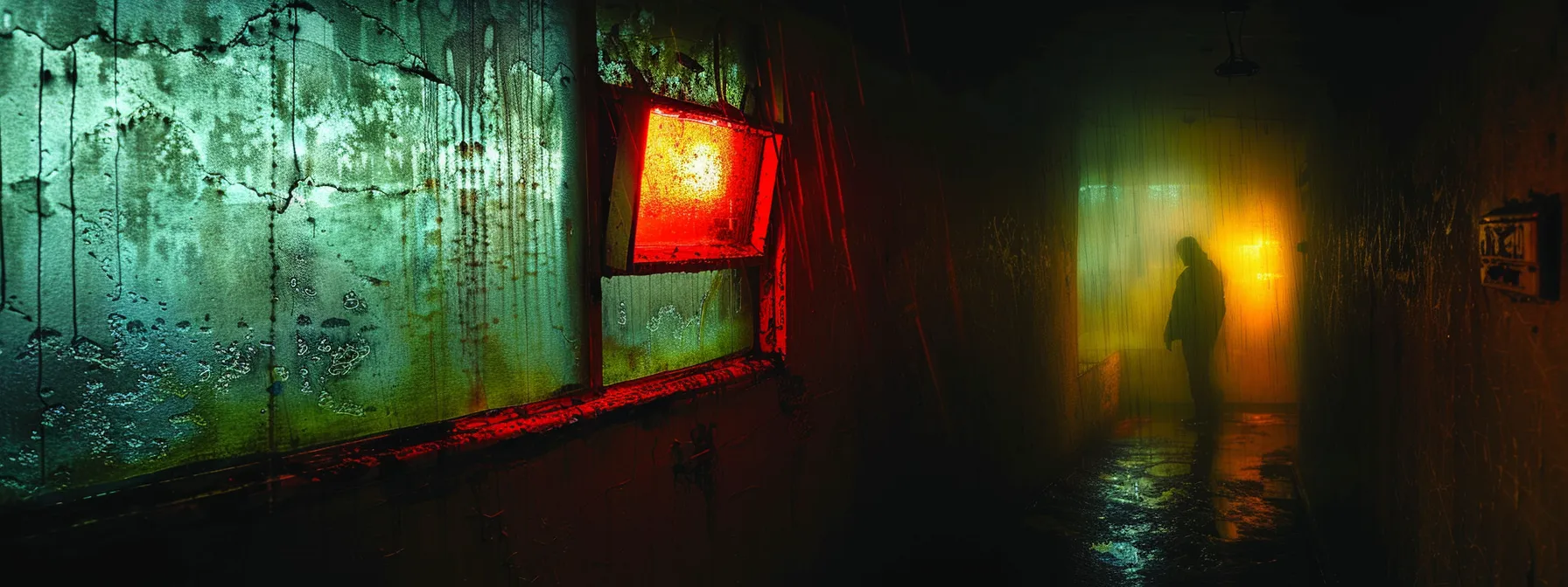 a somber landscape of a dimly lit room featuring a solitary figure gazing out of a rain-streaked window, encapsulating the isolation and emotional weight of major depressive symptoms in bipolar disorder.