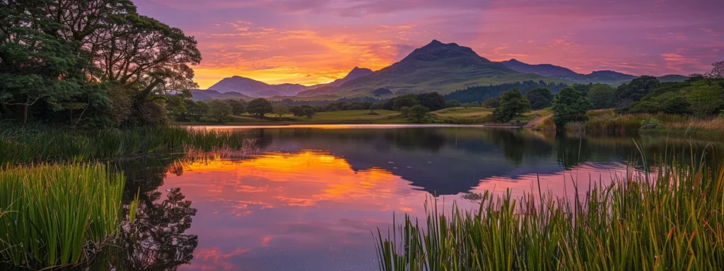 a breathtaking sunset casts a warm golden glow over a serene lake, reflecting vibrant hues of orange, pink, and purple in the tranquil waters, framed by lush green mountains in the background.