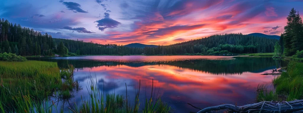 a breathtaking sunset casts vibrant hues of orange and pink across a tranquil lake, reflecting the colorful sky and surrounded by lush green forests.