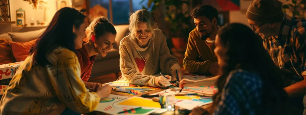 a serene art therapy session unfolds, showcasing diverse individuals immersed in vibrant colors and expressive crafts, bathed in soft, warm light that highlights their joyful faces and fosters a deep sense of connection and self-discovery.