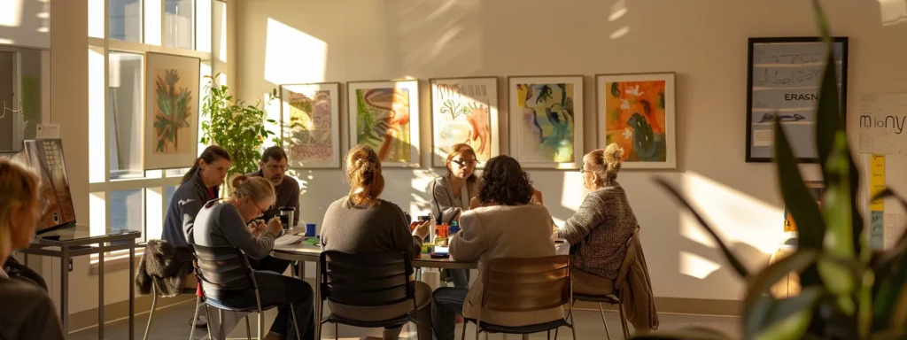 a serene art therapy session unfolds, showcasing diverse artistic mediums and a warm, inviting atmosphere that fosters healing and connection among participants.