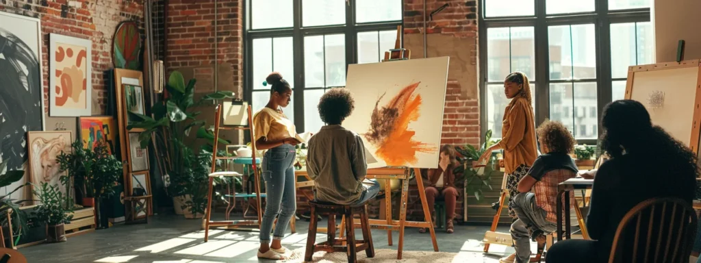 a serene art therapy session unfolds in a sunlit studio, where diverse individuals express their emotions through vibrant colors on canvas, reflecting the transformative power of creativity in healing.