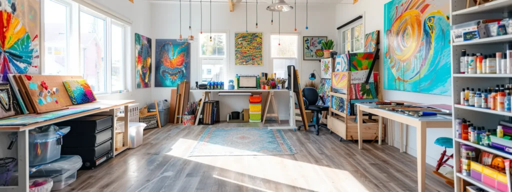 a serene studio space filled with vibrant art supplies and colorful artwork on the walls, creating an inviting atmosphere for individuals seeking the healing power of art therapy.