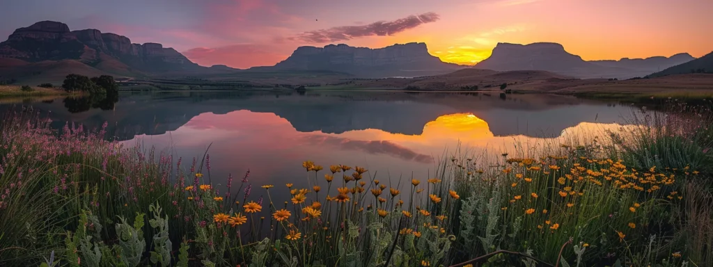 a stunning sunrise casts a golden glow over a tranquil lake, with vibrant wildflowers framing the serene water and majestic mountains reflecting in the still surface.