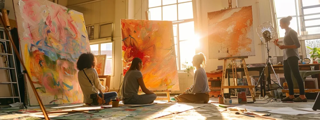 a vibrant art therapy session unfolds in a sunlit studio, where a diverse group of participants passionately immerse themselves in painting, capturing the transformative power of creative expression as they explore their emotions.