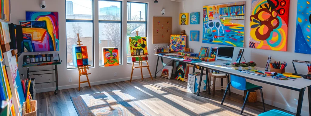 a vibrant art therapy studio filled with innovative digital tools and colorful artworks, symbolizing the dynamic fusion of creativity and mental health awareness in a warm, inviting environment.