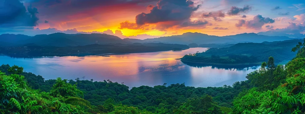 a vibrant sunset casts golden rays over a tranquil lake, reflecting the colorful hues of the sky and surrounding lush greenery, creating a serene and picturesque landscape.